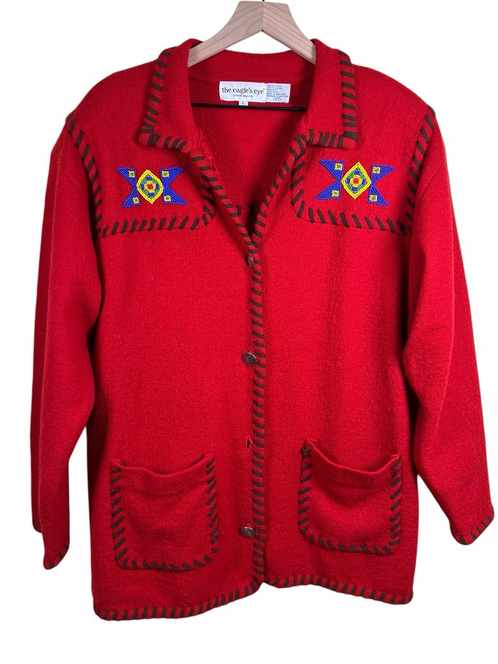 THE EAGLE’S EYE VTG 90s Red Wool Beaded Western Cardigan Jacket L Cowgirl Granny